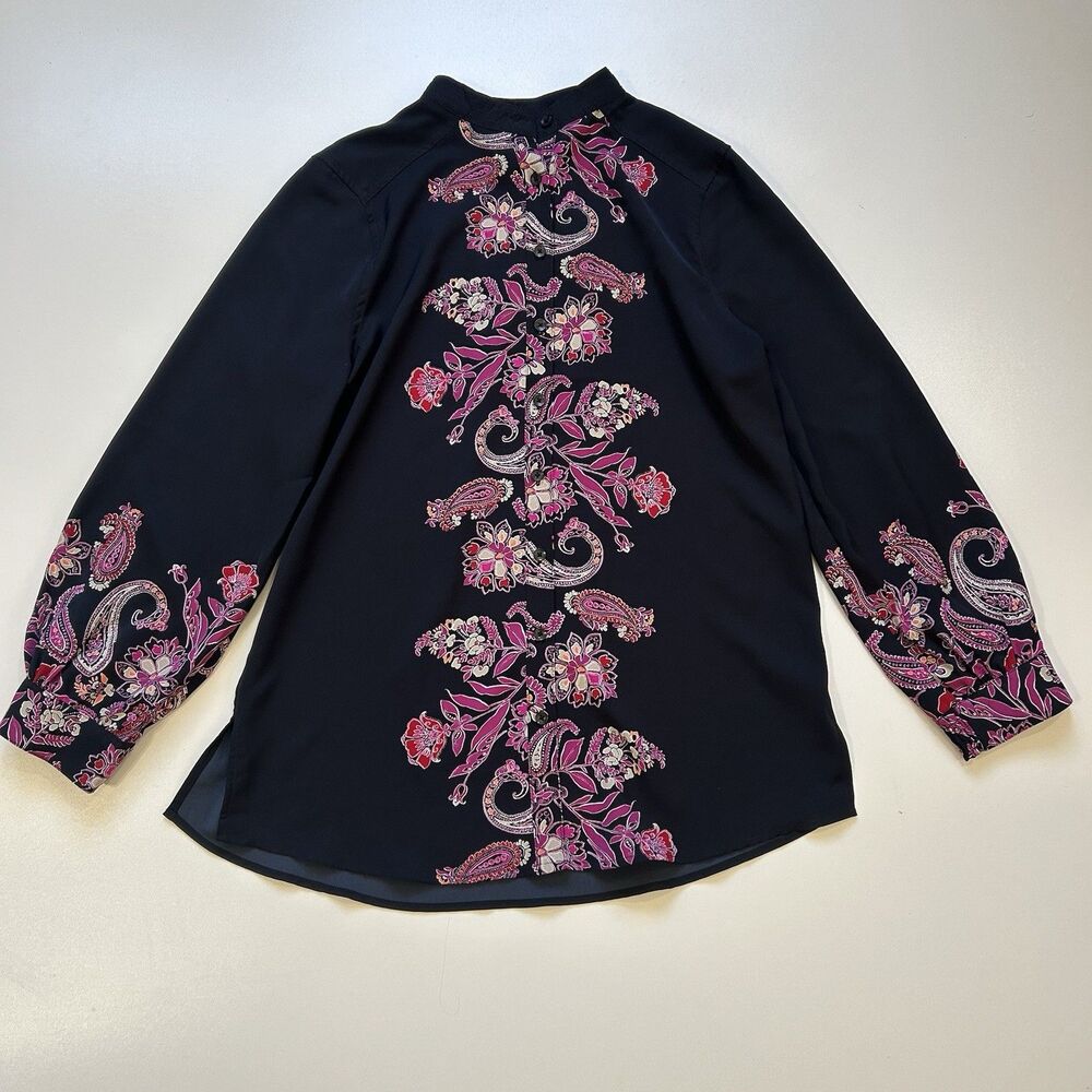 Chico's Floral Notch Neck Tunic Blouse Flowy Long Sleeve Paisley size 1 / Small